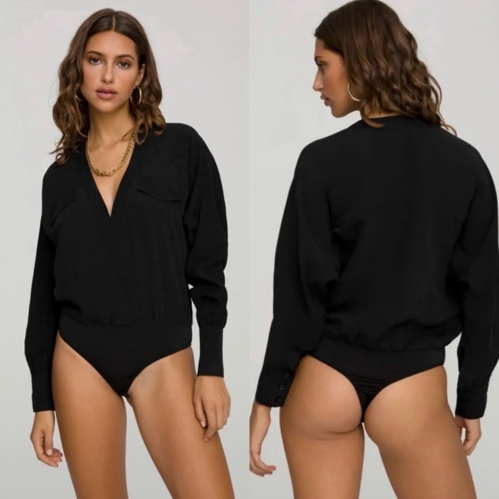 Good American Utility Surplice Long Sleeve Thong Bodysuit Black‎ Size 2 (Medium)